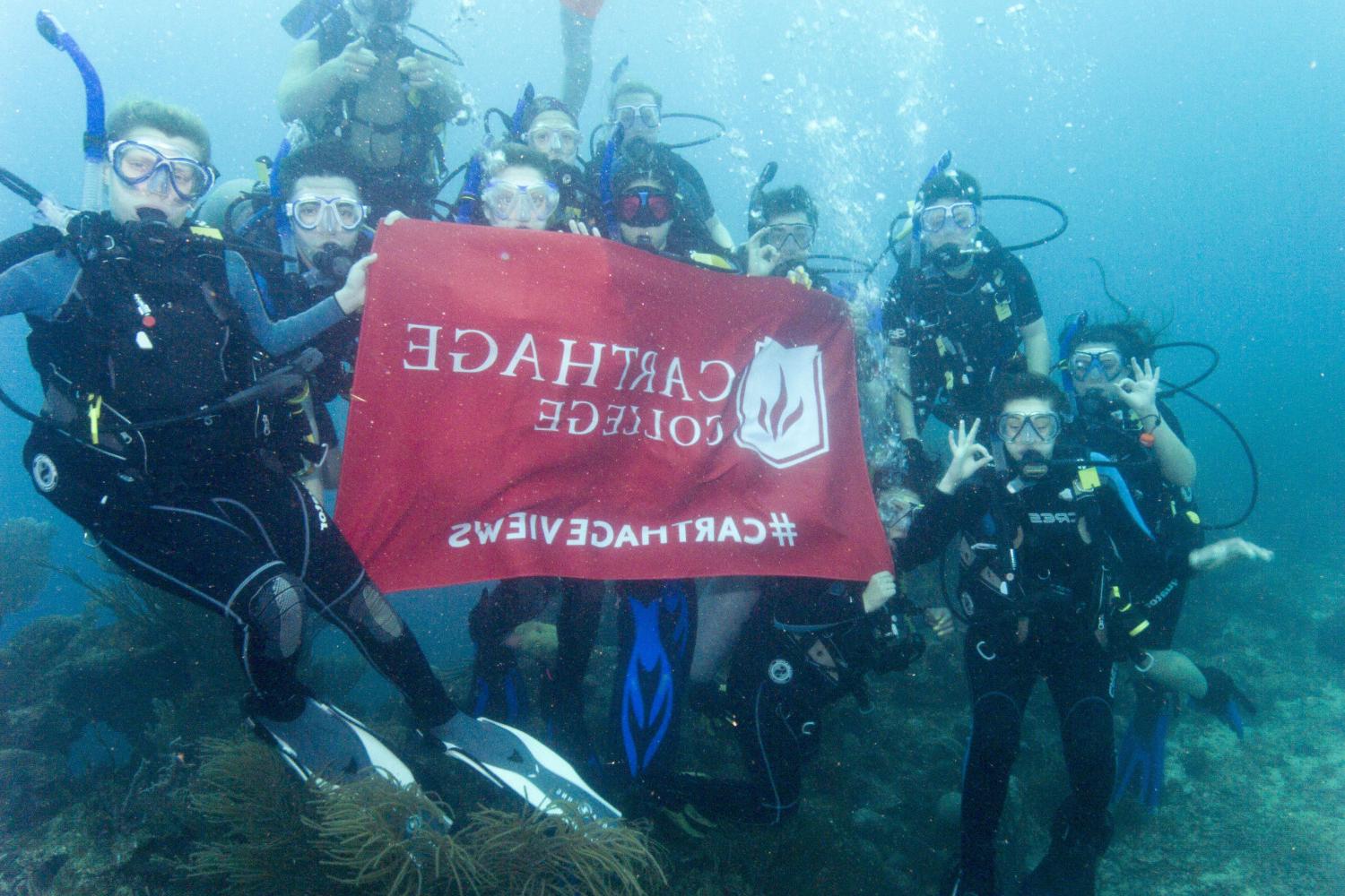 学生们手持<a href='http://news.denofthievesla.com'>bv伟德ios下载</a>旗帜，在j学期洪都拉斯游学之旅中潜水.